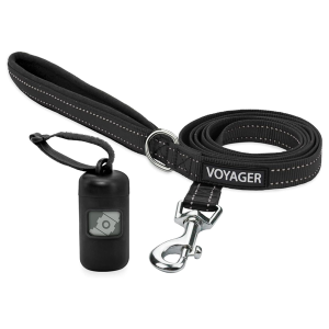 Voyager Reflective Dog Leash with Neoprene Handle 5 FT and Reusable Plastic Dispenser Poop Bag Holder Set for Walking and Outdoor Use Soft and Durable